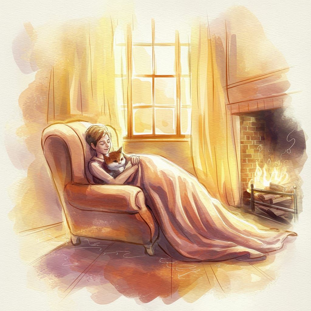 cozy scene of someone snuggled up with their cat