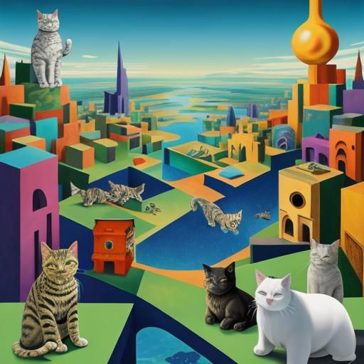 Cubist Dreamscape: Cats Rule the World