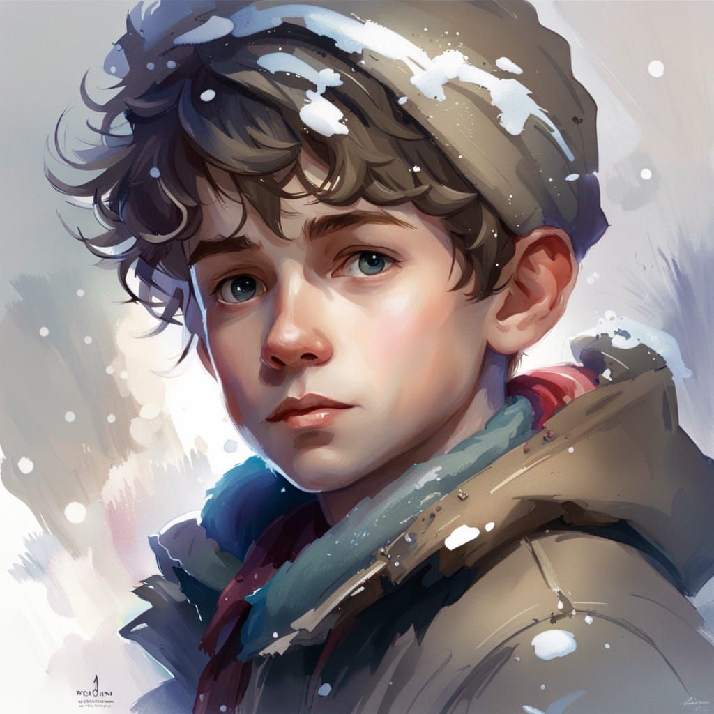 Disney Style Boy Portrait in Winter Aquarelle