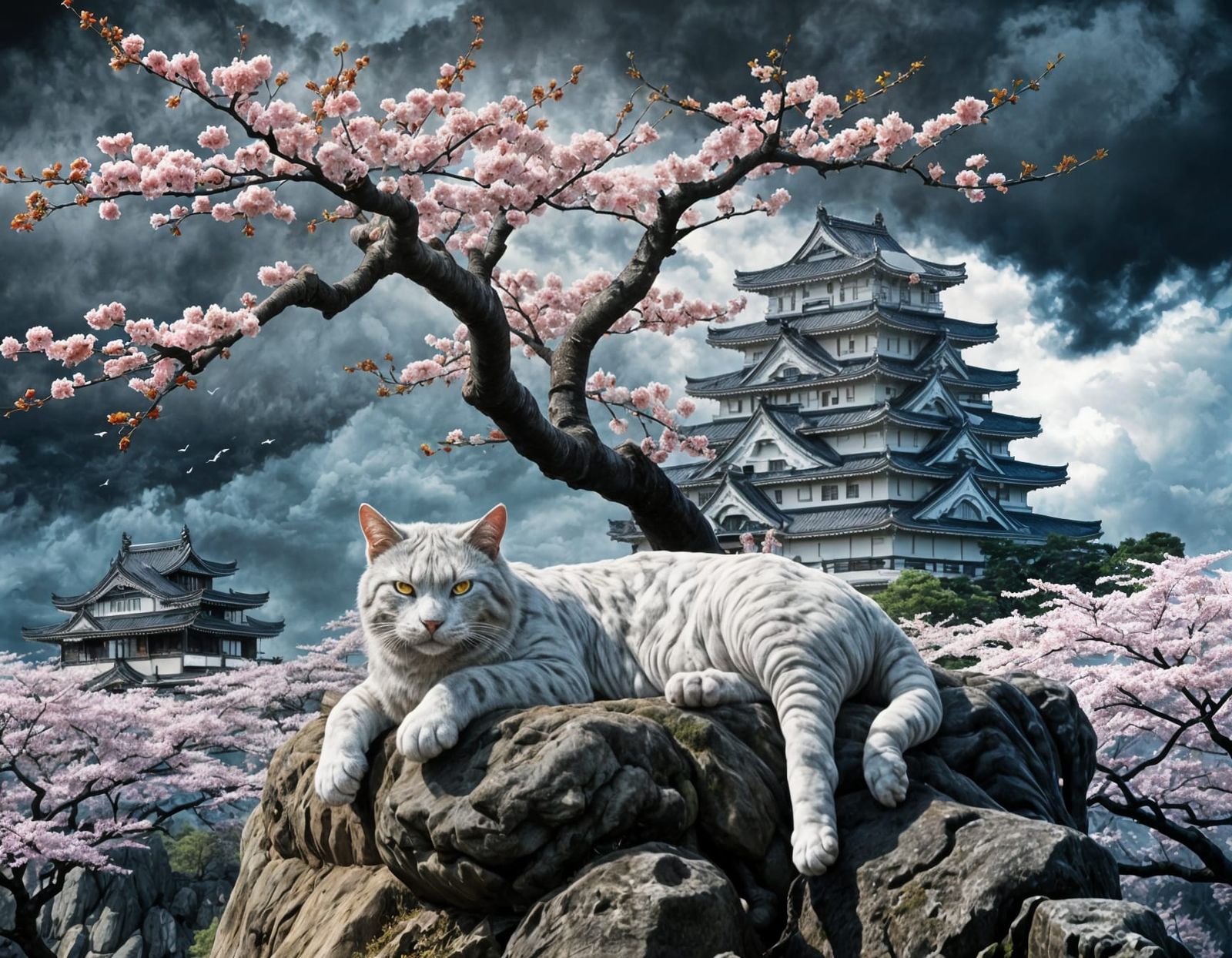 Cat Demon Sleeping on Sakura Tree, Detailed Sketch