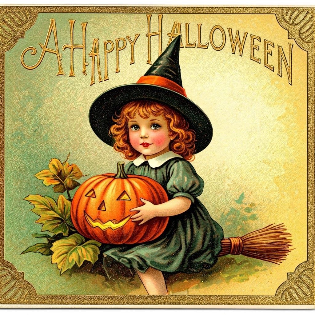 Vintage Halloween Witch Postcard in Illustration Style