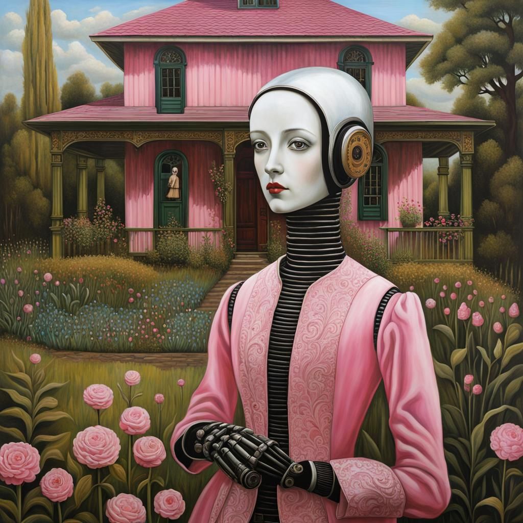 Robot Girl Gears Pink Beauty Neo-Gothic Style