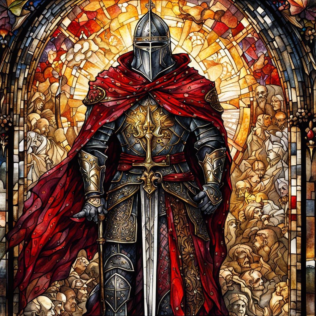 Gothic Knight with Sword in Stained Glass Style