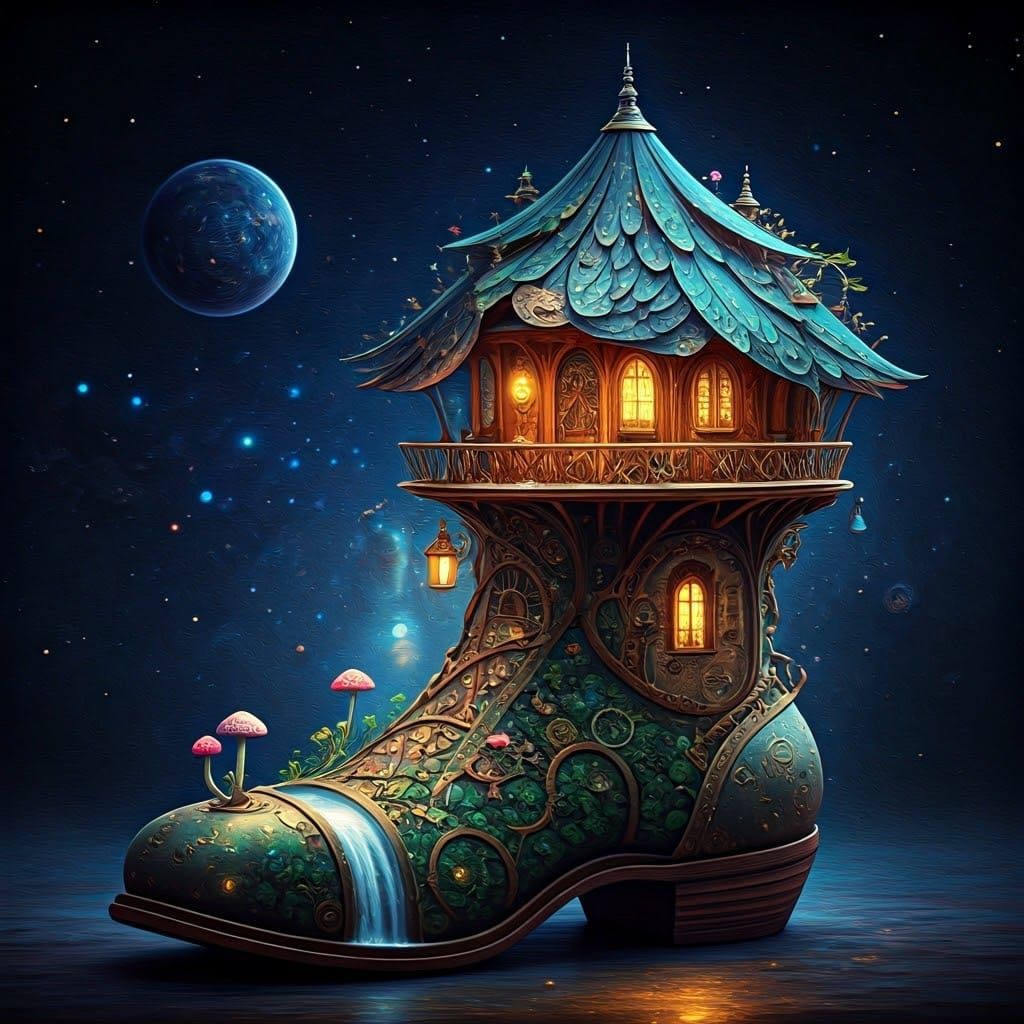 Steampunk Fairy Workshop in Glass Boot, Digital Art