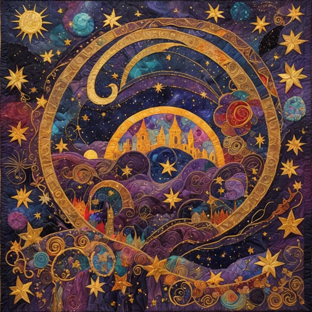 Colorful Fabric Quilt Depicts a Starry Night