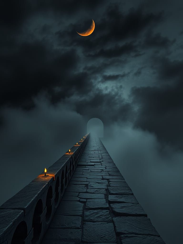 Ancient Stone Bridge in Fog with Torchlight