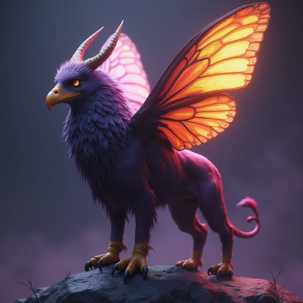 Mythical Creature with Eagle Head, Butterfly Wings, and Lion...