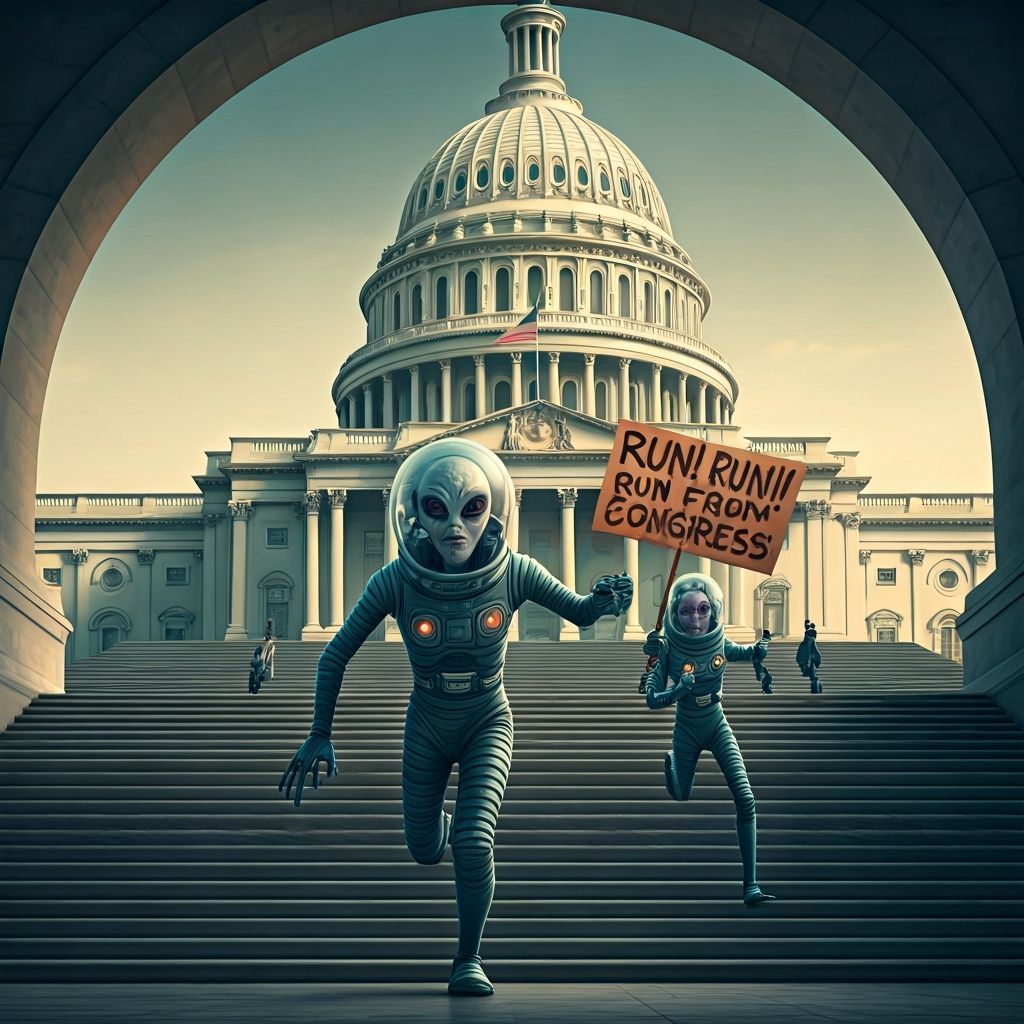 Aliens Fleeing US Congress in Retro-Futuristic Style