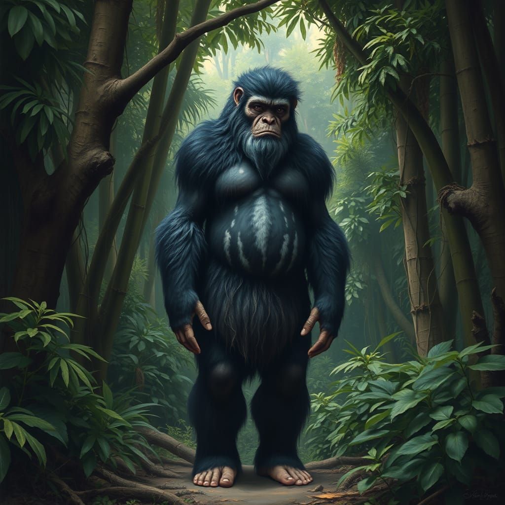 Wild Man in Vietnamese Forest, Oil Painting Style