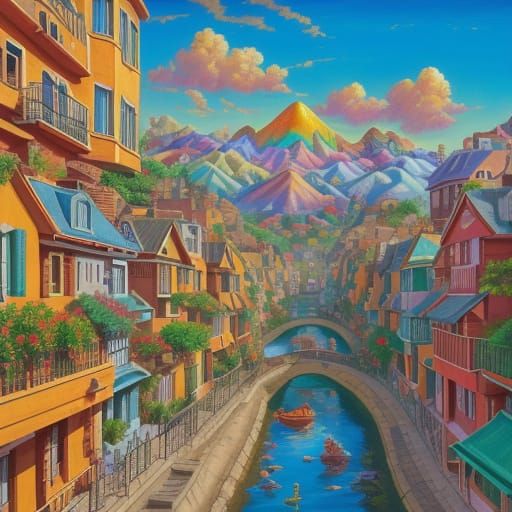 Utopian Community Sharing Resources in Surrealist Oil Painti...