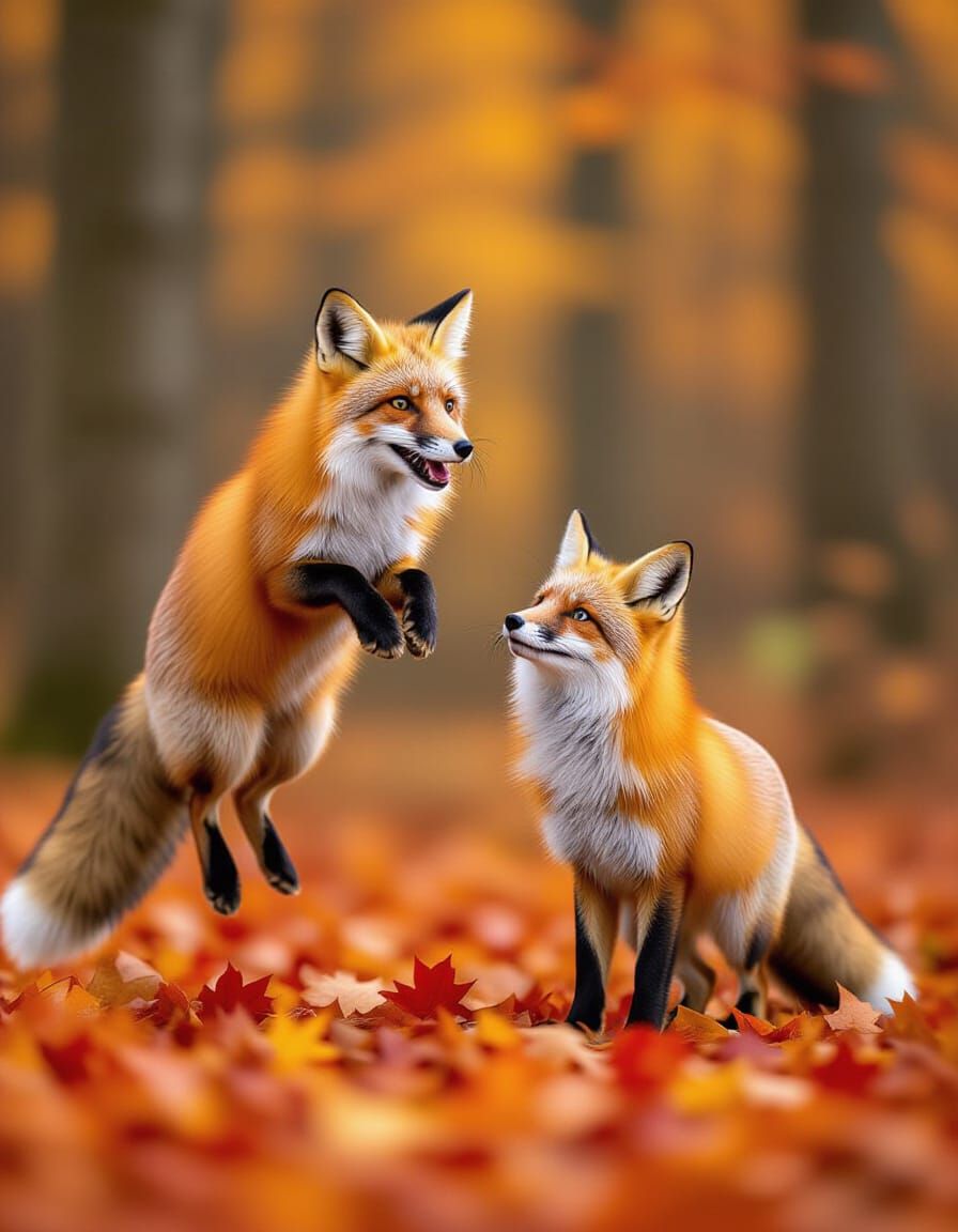 Red Foxes Playfully Leaping in Autumn Forest
