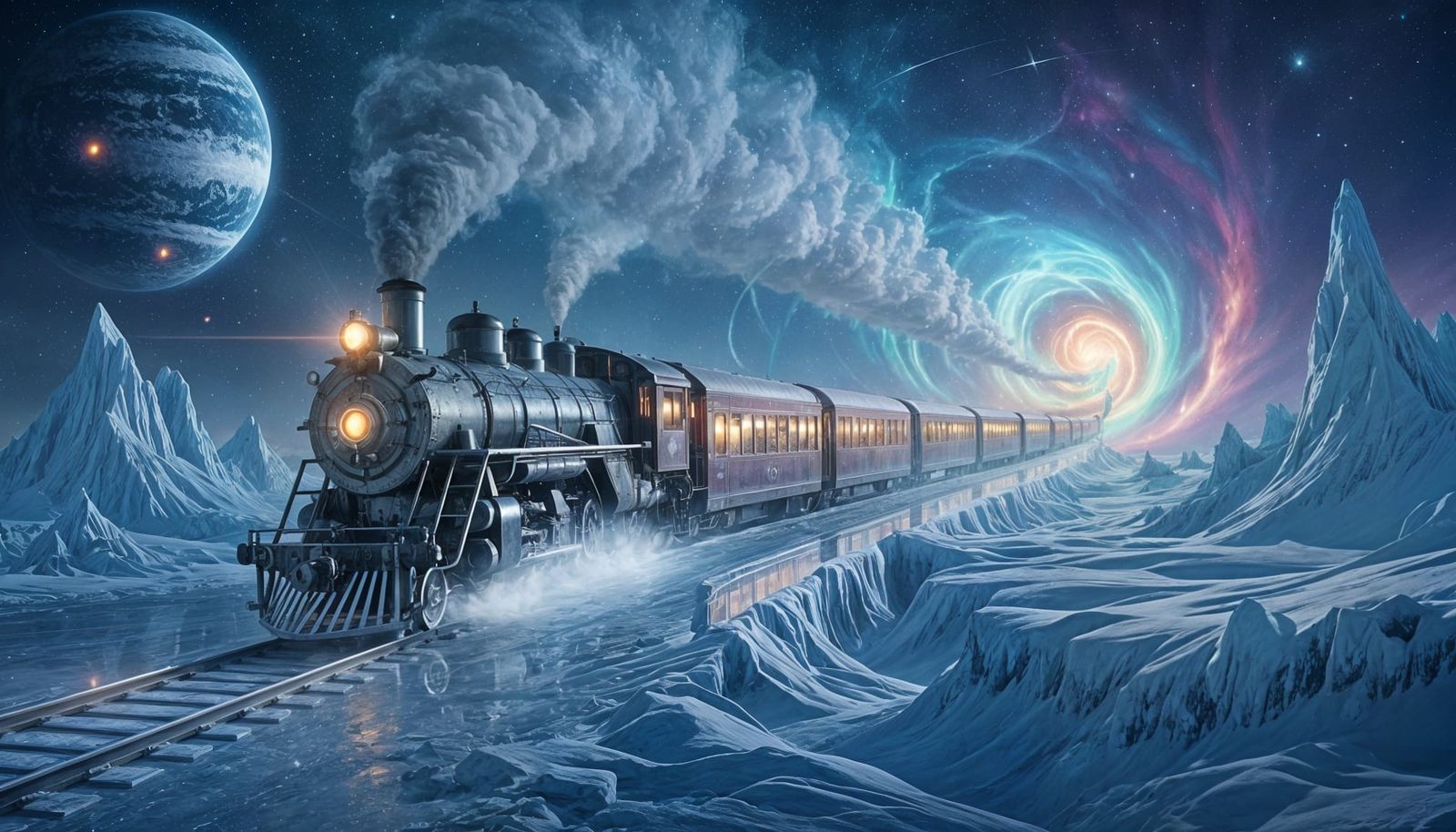 Celestial Ice Train Through Cosmic Aurora Storms