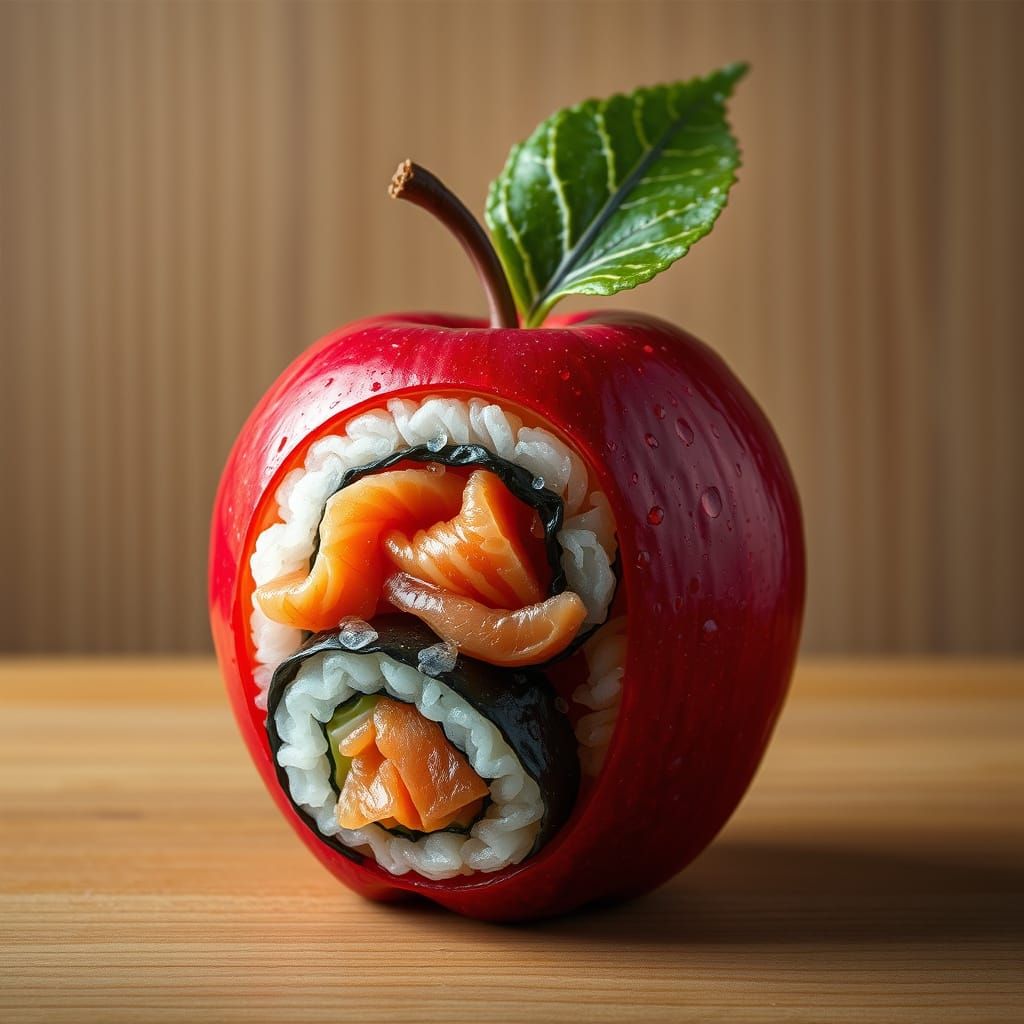 Realistic Apple Sculpted from Sushi Rolls in Hyperrealist St...