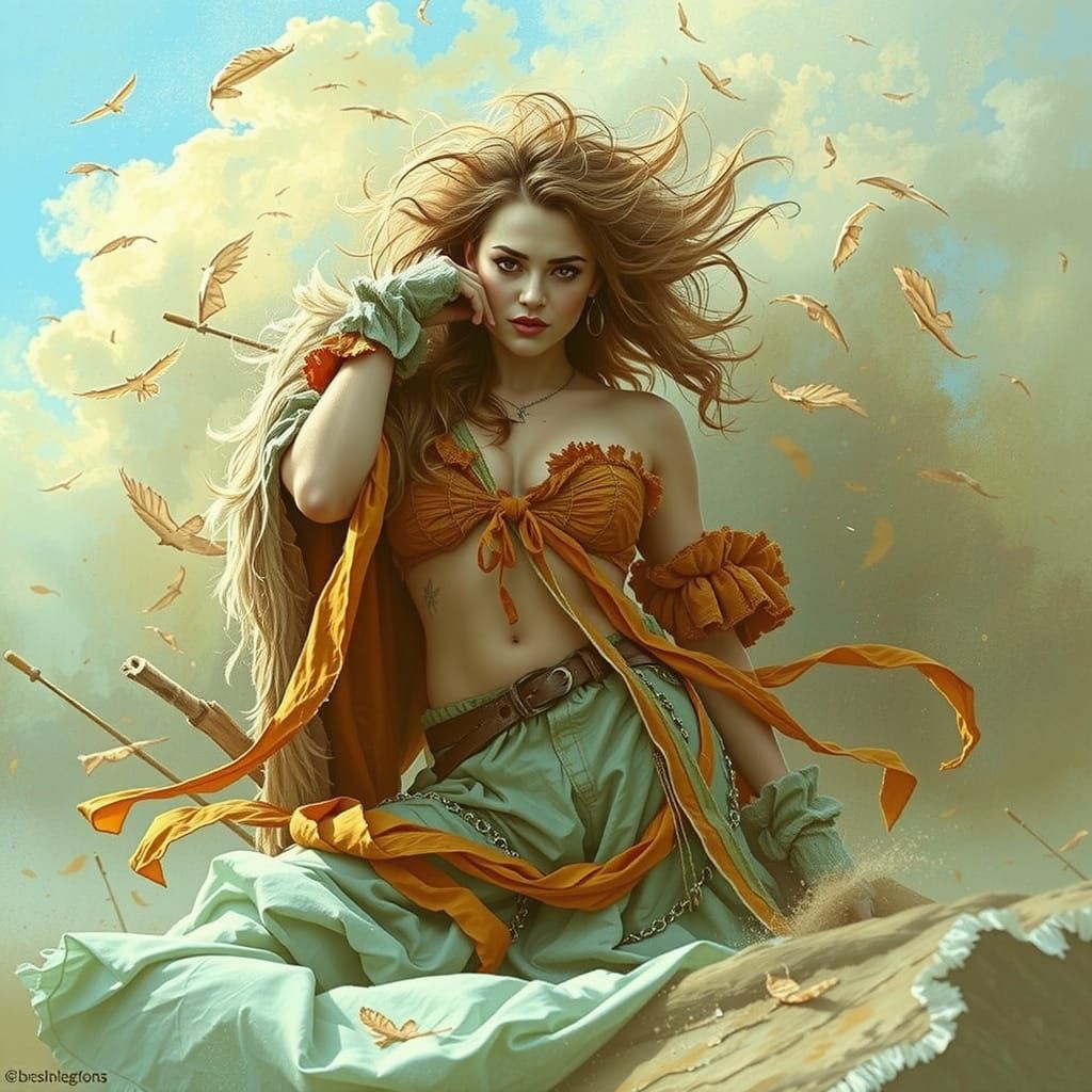 Glamorous Woman on Windswept Moor at Twilight