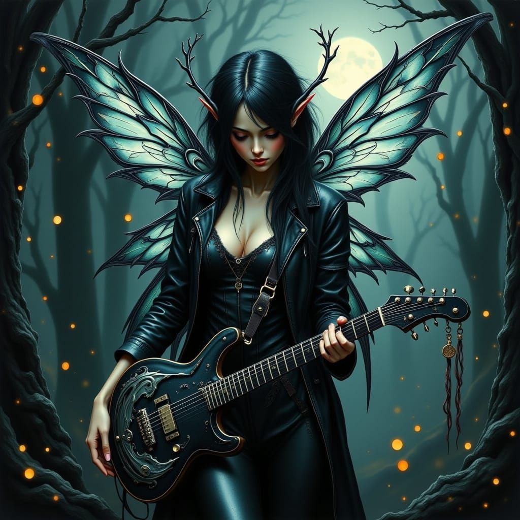 Surreal Heavy Metal Fairy in Neon-Lit Futuristic Landscape
