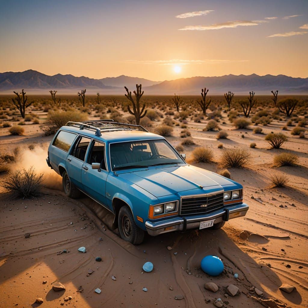 Desert Wagon Breakdown Amidst a Fading Sunset