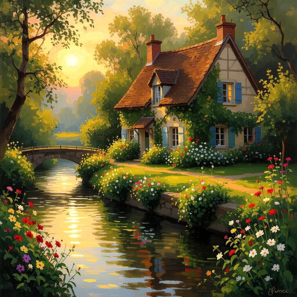 Impressionistic Cottage Sunset Landscape Painting