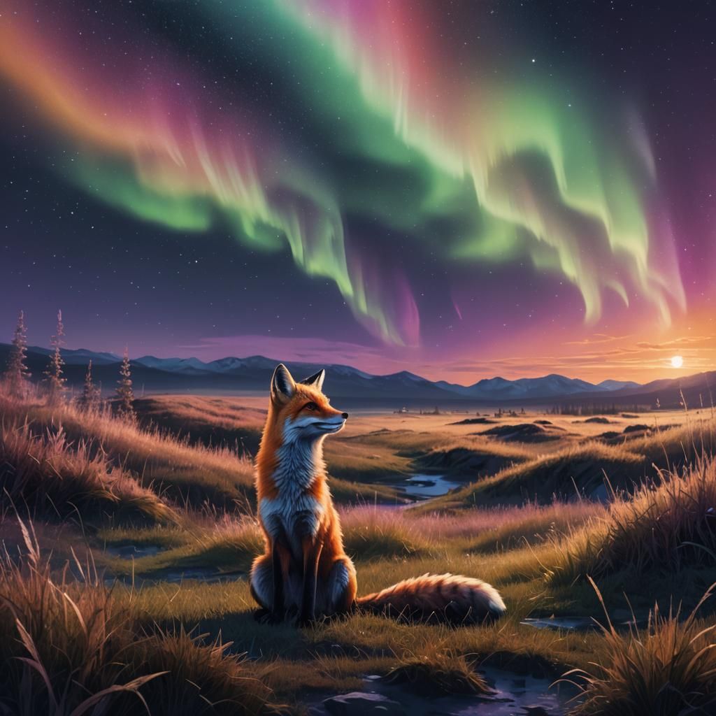 Fox Gazing at Northern Lights Digital Painting