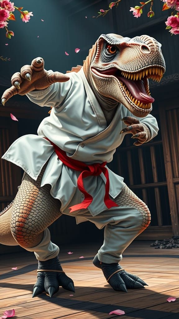 Cyberpunk Tyrannosaurus Rex in Martial Arts Action