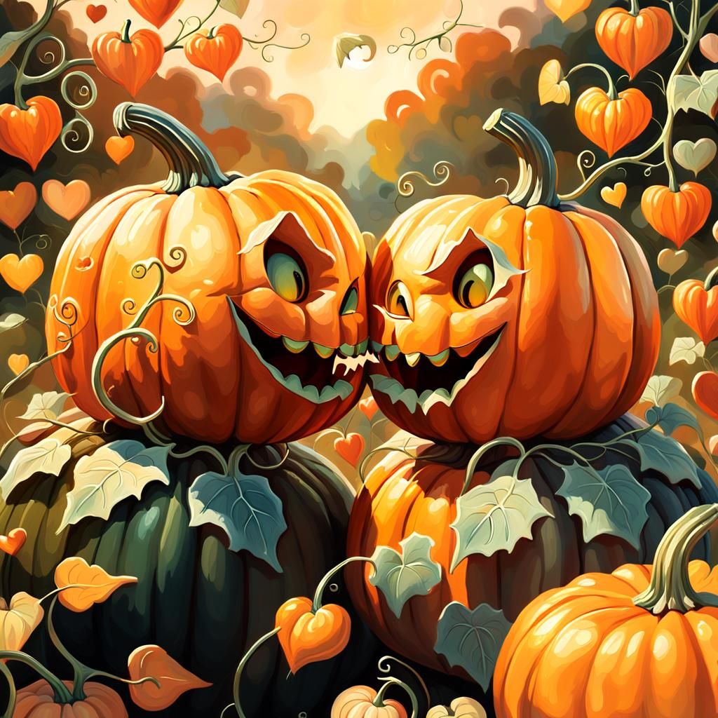 Romantic Pumpkins Kiss in Oil Painting Style