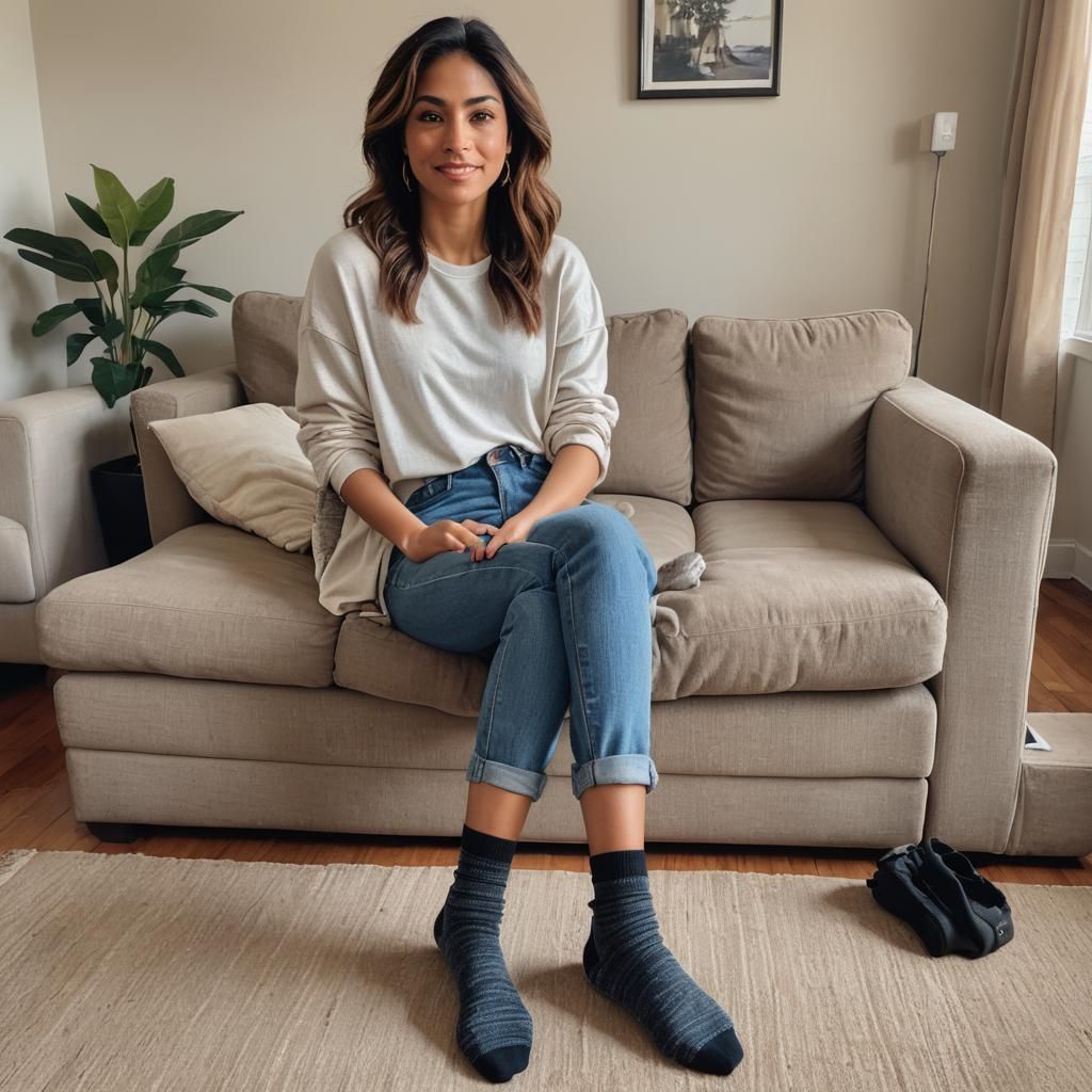 Relaxed Latina Woman in Living Room, Smartphone Photo
