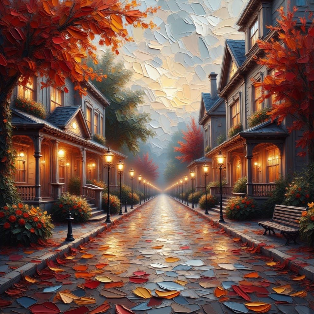 Cozy Autumn City Street with Glowing Lanterns
