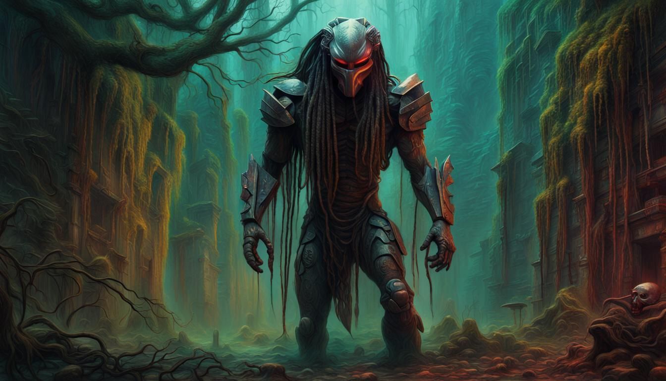 Predator in Beksiński-Inspired Colorful Art