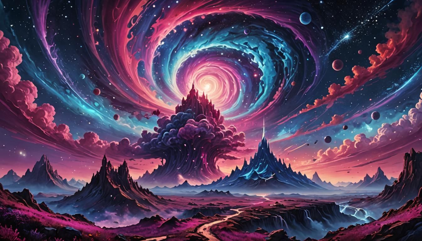 Surreal Cosmic Scene with Falling Sky in Vibrant Hues