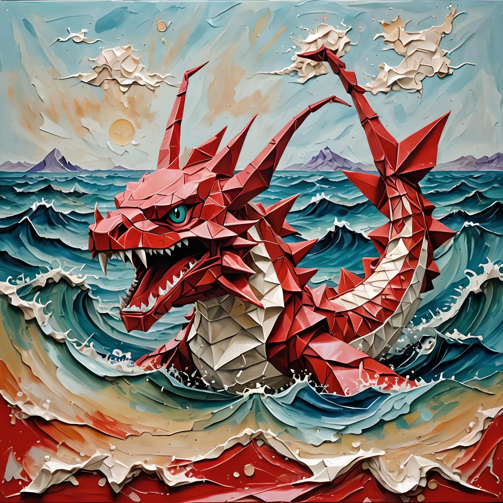 Origami Impasto Red Gyarados Seascape