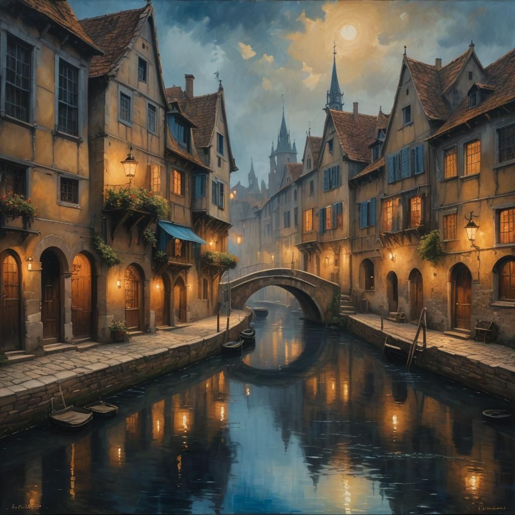 Cozy Medieval Village Scene with Canal, Oil Painting