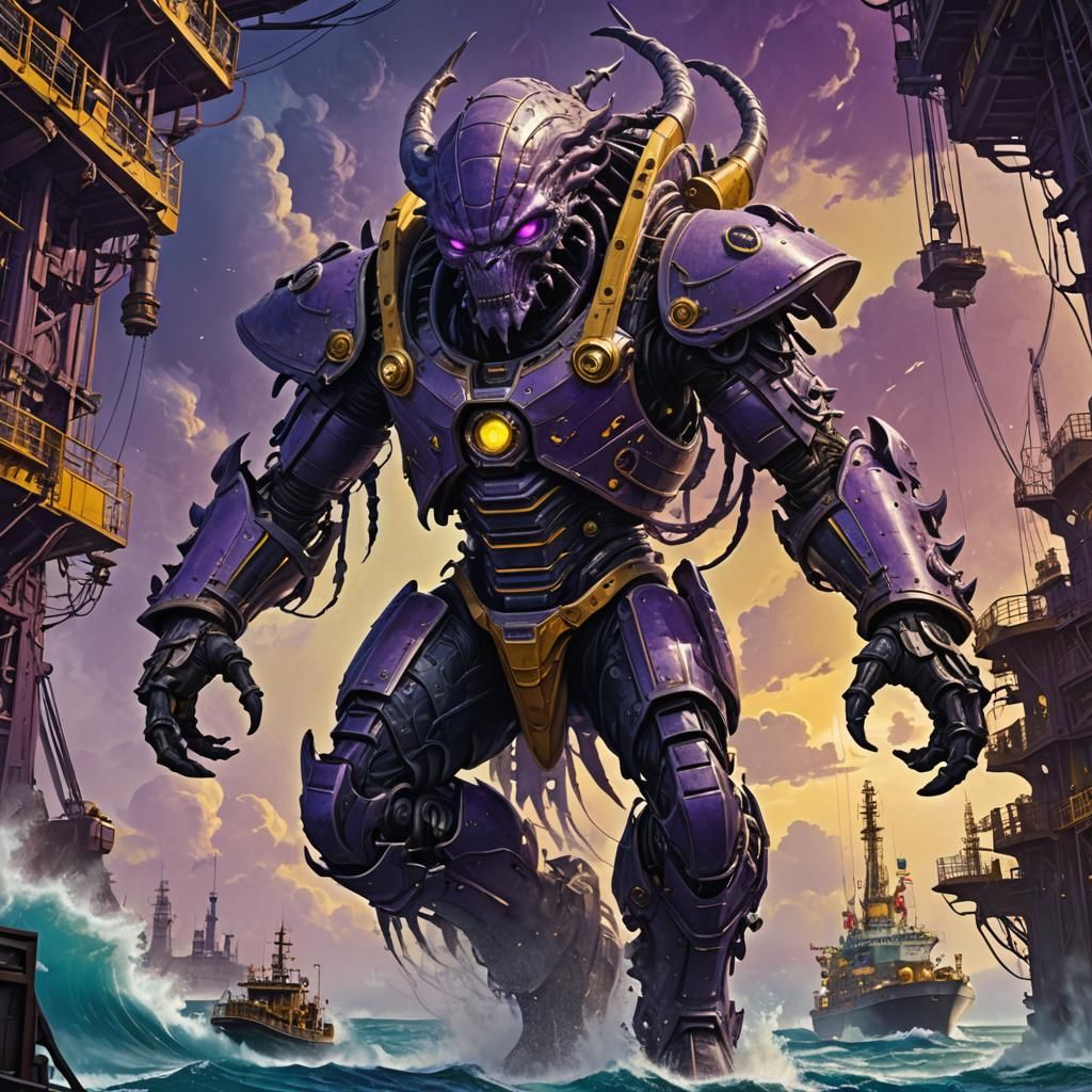 Alien Boomer Attacks Oil Rig: Dark Fantasy Art