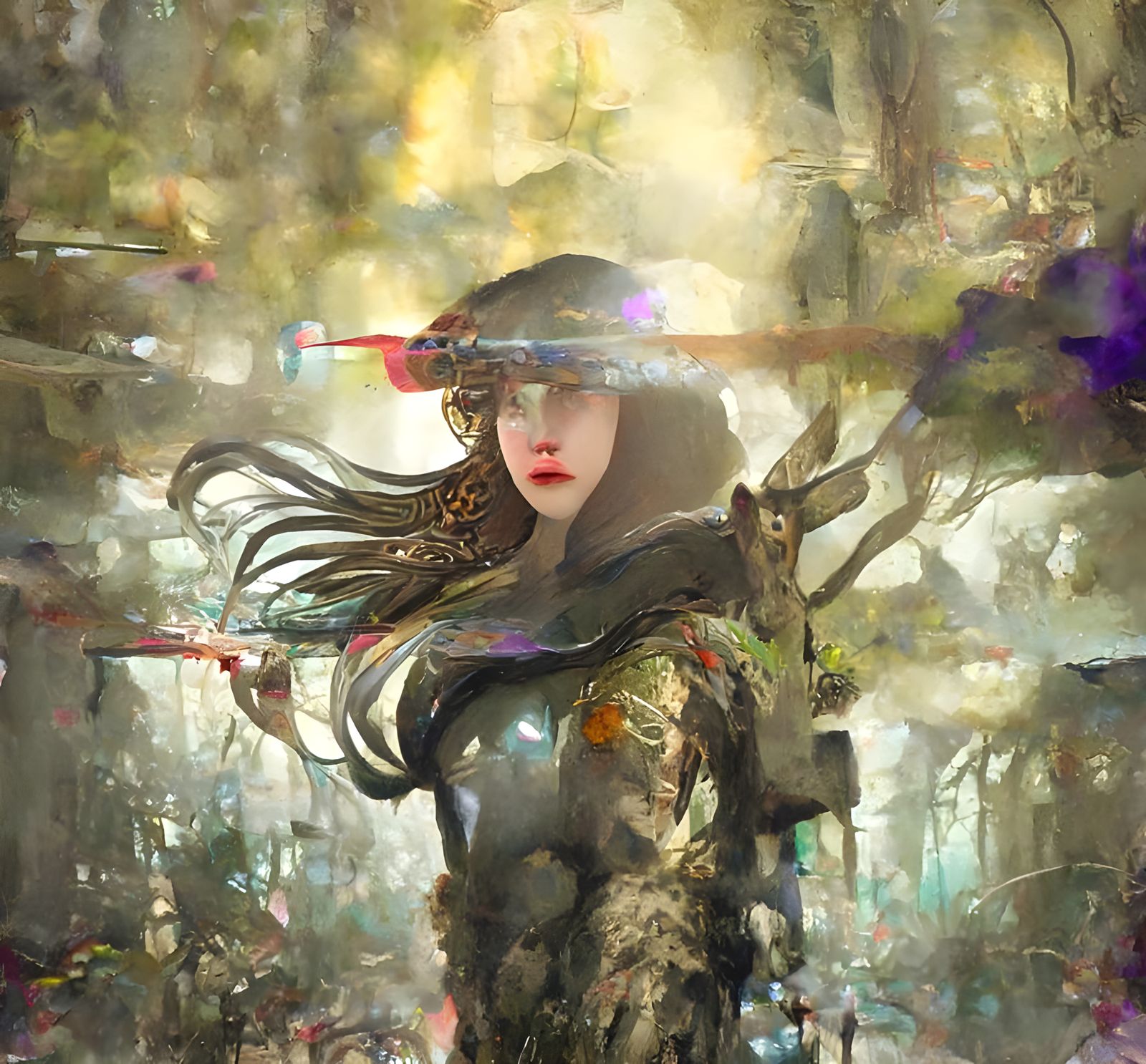 Forest Huntress in Ukiyo-e Style