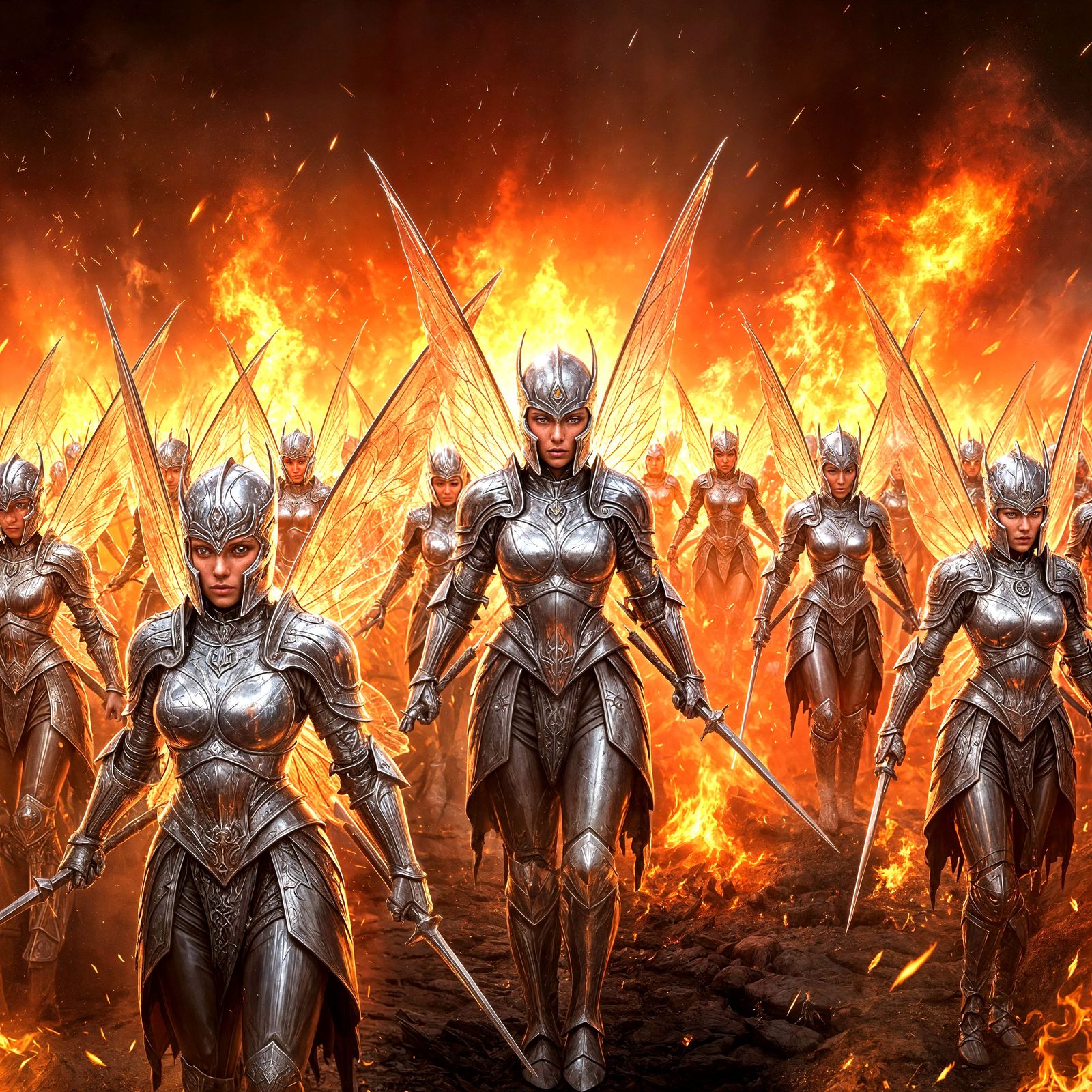Fairy Army in Silver Armor Amidst Fire