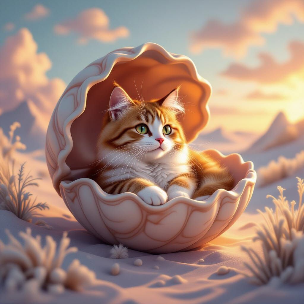 Whimsical Cat in Dreamy Shell Landscape
