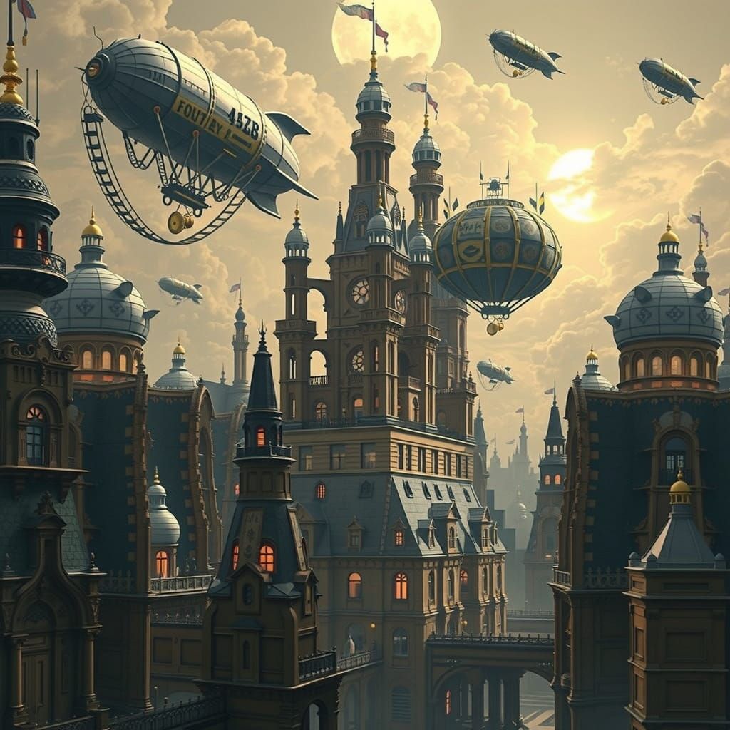 Steampunk Airships Over Grand Tartarian Cityscape