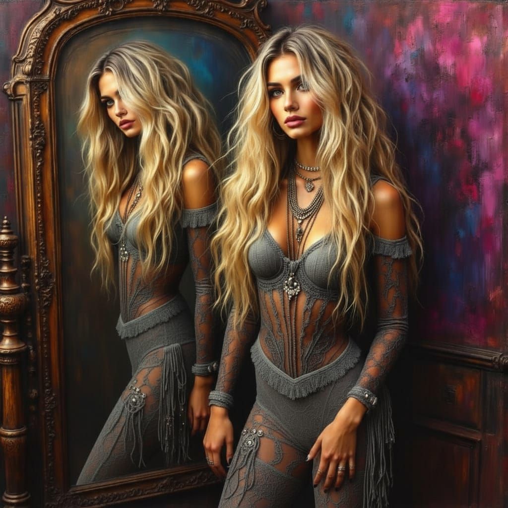 Stunning Blonde Woman in Lace Bodysuit by Mirror