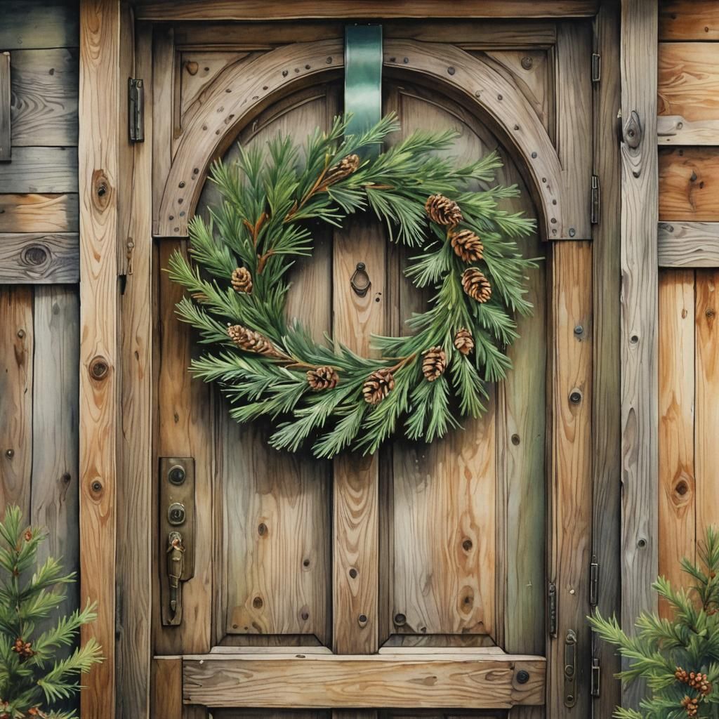 Watercolor Pine Wreath on Wood Door