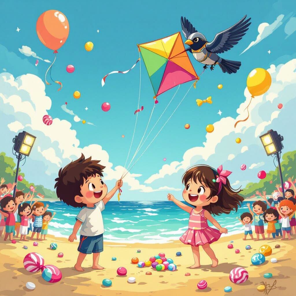 Whimsical Beach Scene: Children Flying Kite, Armor Bird, Flo...