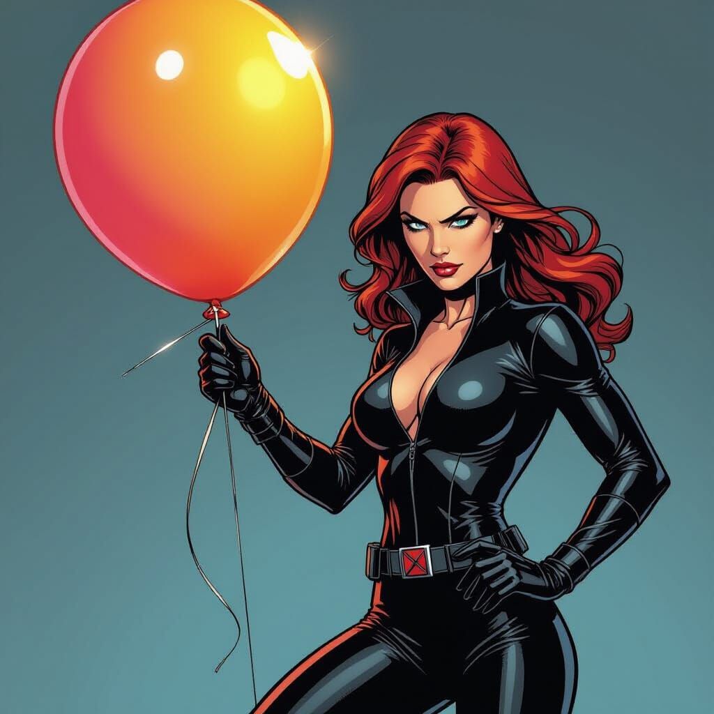 Black Widow Ready to Pop a Balloon, Comic Book Style