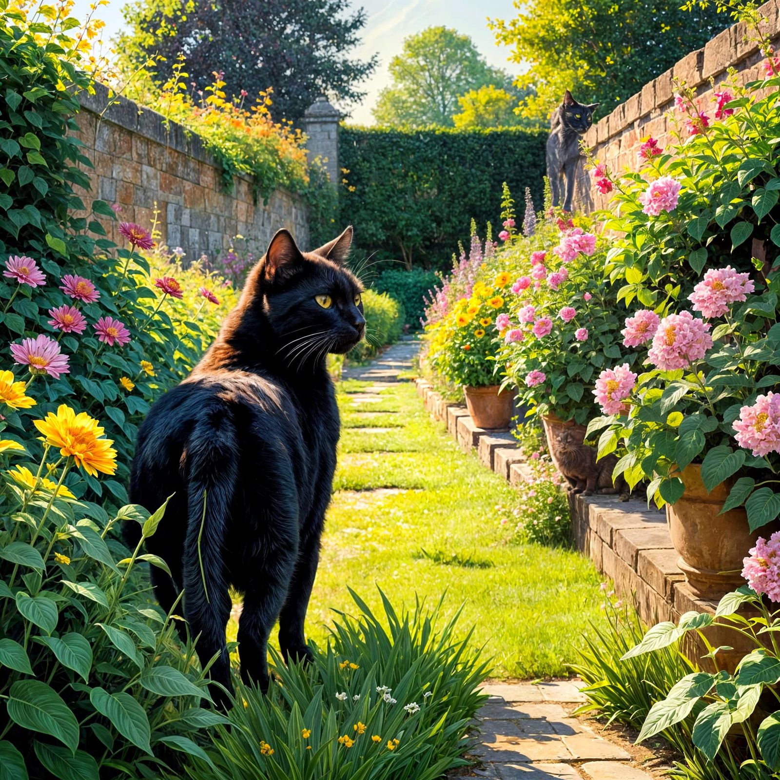Black Cat Strolling Through Vibrant Impressionistic Garden