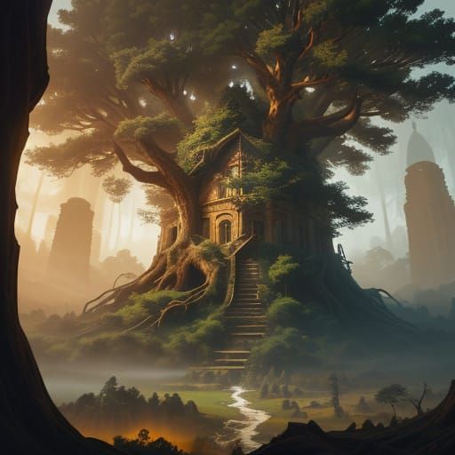 Hidden Library in Ancient Tree: Hyperrealistic Concept Art