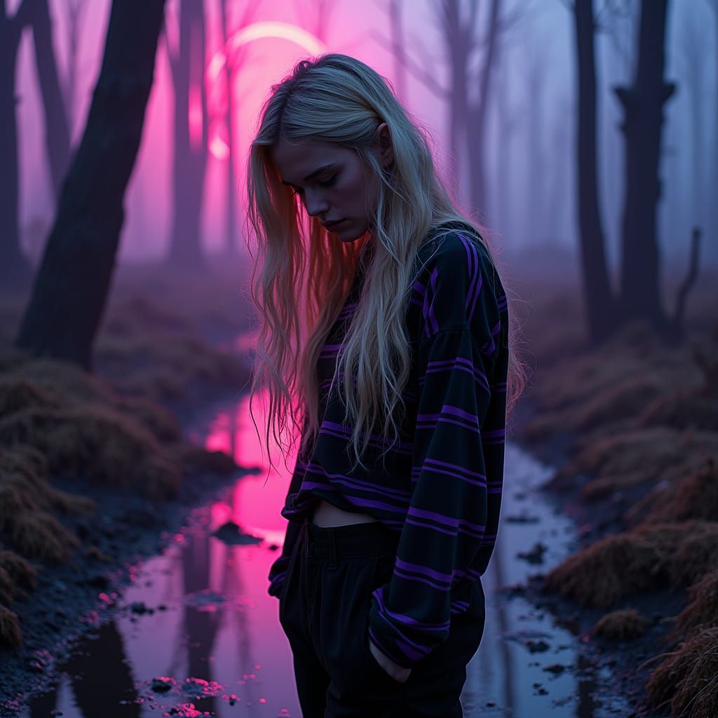 Young Woman in Eerie Forest Landscape with Synthwave Glow