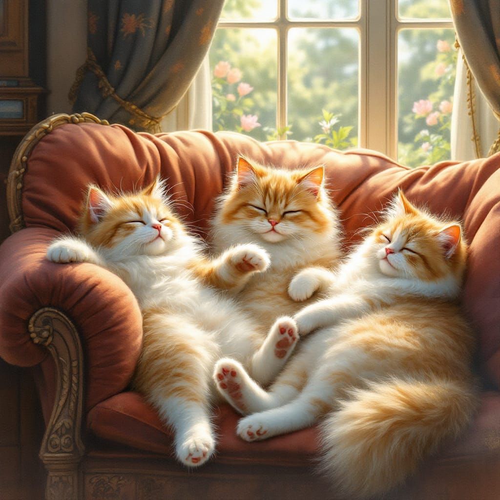 Three Fluffy Cats Relaxing in Sunlit Victorian Parlour