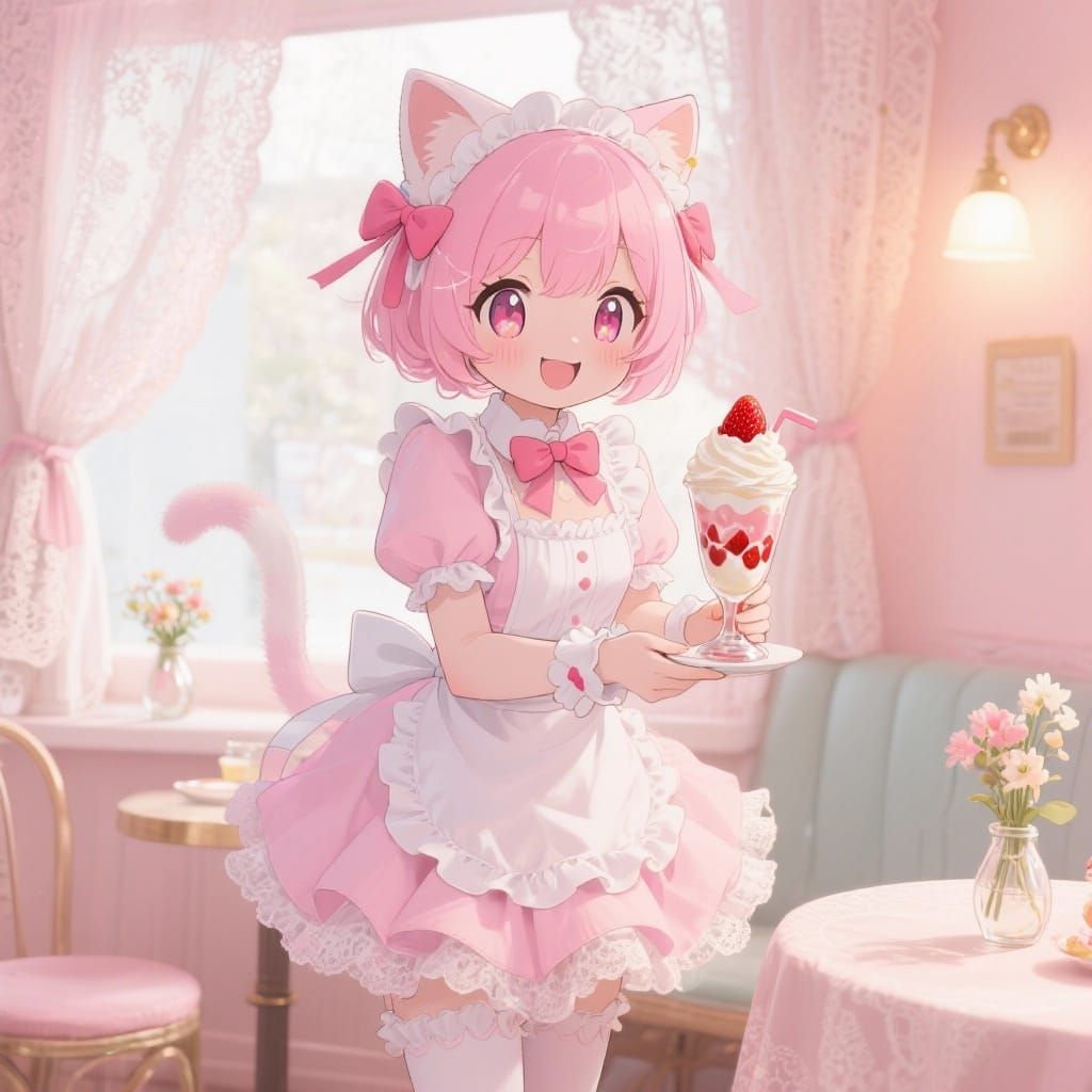Pastel Catgirl with Strawberry Parfait, Anime Style