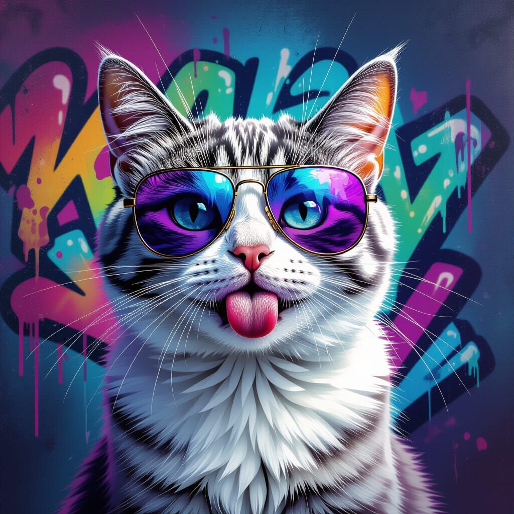 Cat Mugshot with Sunglasses in Synthwave Graffiti Style