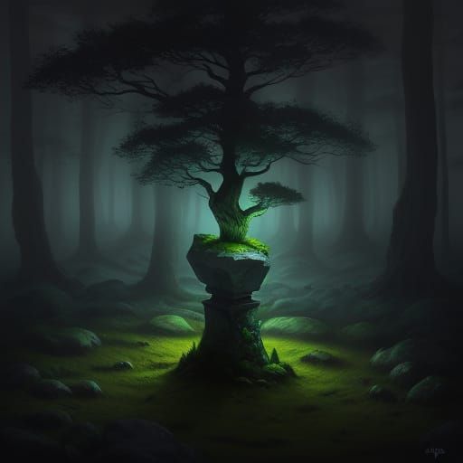 Mysterious Glowing Stone in Misty Forest