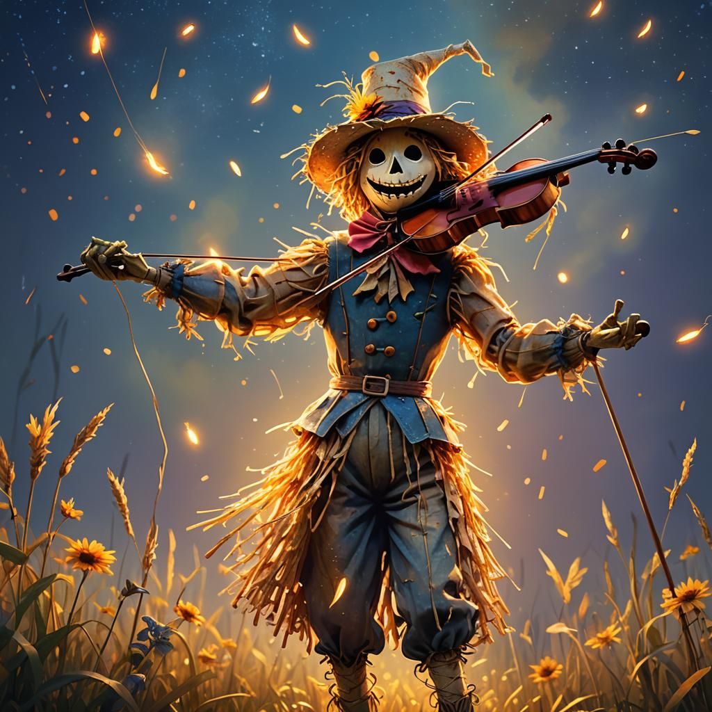 Dancing Scarecrow Plays Violin in Fantasy Glow