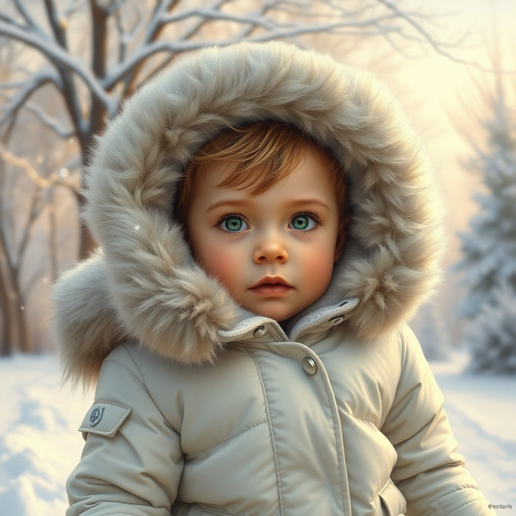 Child in Winter Jacket, Photorealistic Oil Painting