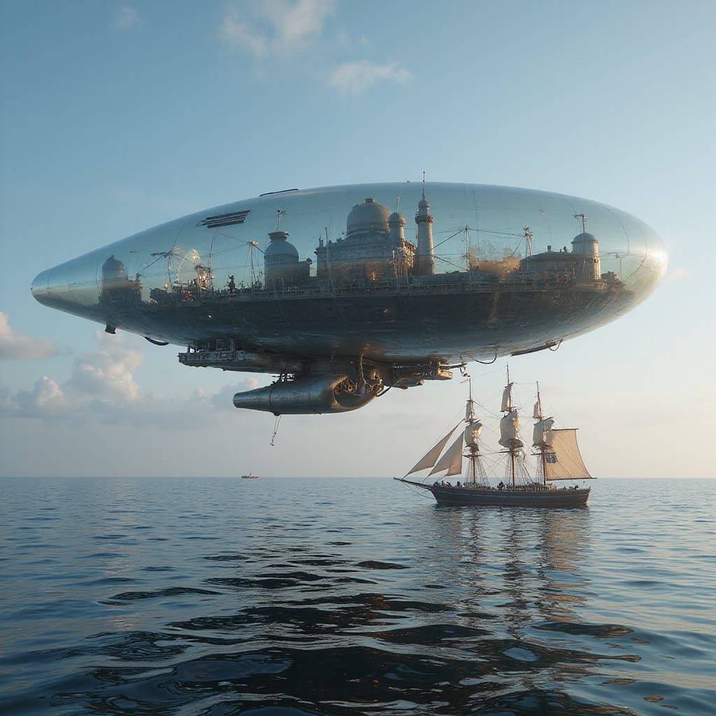 Transparent Spaceship Hovers Over Clipper Ship