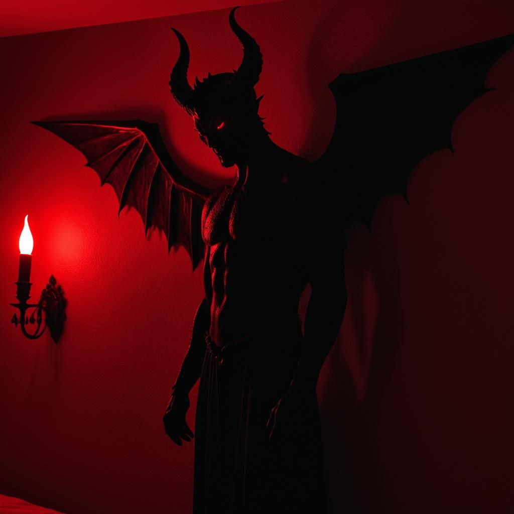 Eerie Silhouette of a Lucifer-like Demon in Bedroom